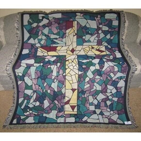 New Stained Glass Cross Crucifix Afghan Throw Blanket Religious Holy Church Gift